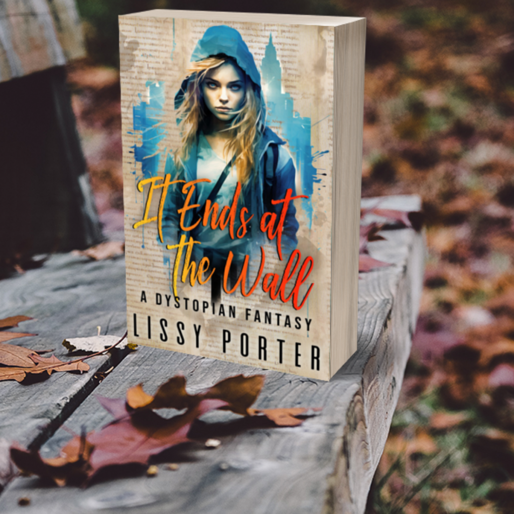 Paperback edition of It Ends at the wall by Lissy Porter on a bench, with an autumnal background. 