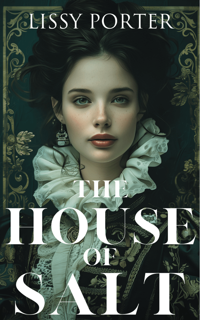 Image shows the cover for The House of Salt, a short story set four years before the events of The Throne of Ash. The image itself shows a young woman looking at the reader, wearing Tudor style clothing.